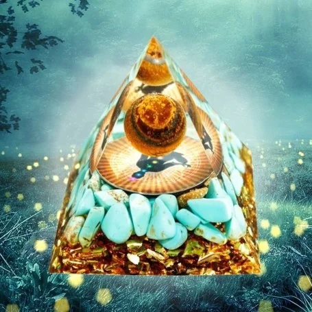 Pyramide Orgonite 7 Chakras Turquoise Oeil de Tigre